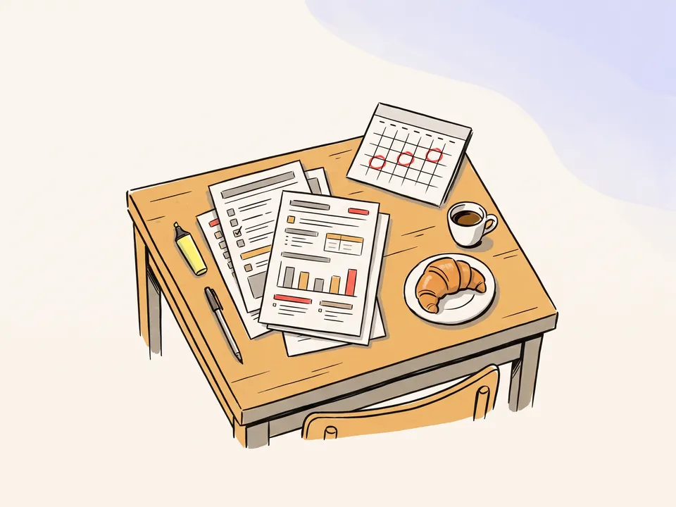 Illustration : Plan d'action écrit posé sur une table de café, avec priorités et calendrier