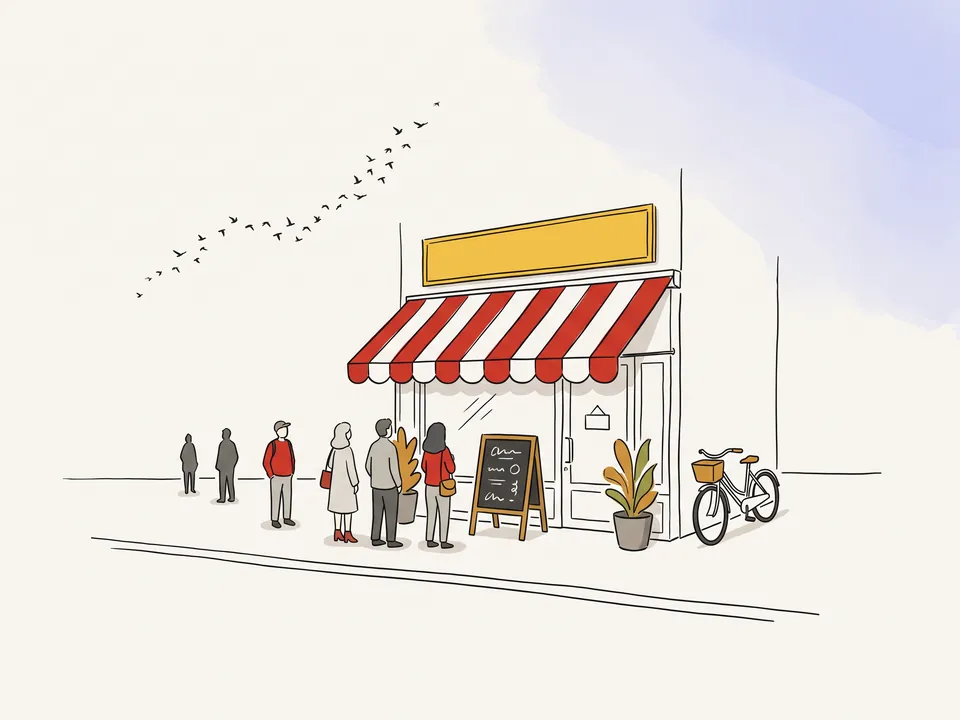 Illustration : Devanture de commerce animée avec une file de clients devant l'entrée